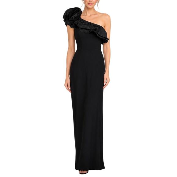 Xscape Dresses & Skirts - XSCAPE Black Evening Gown Pleated Ruffle One Shoulder Formal Column Dress Size 6